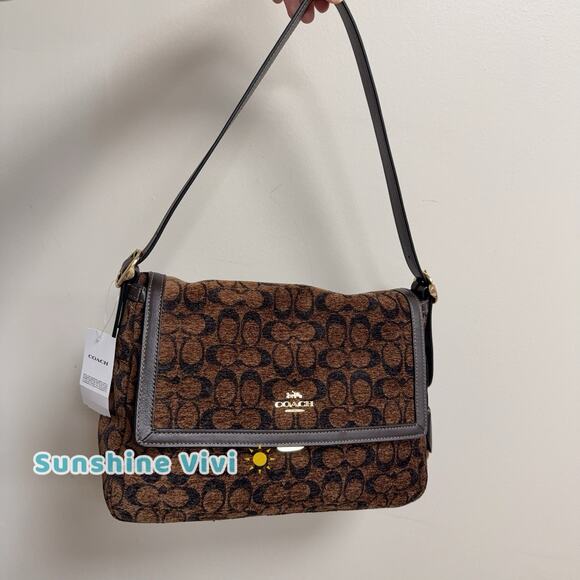 NWT Limited Coach Etta Flap Shoulder Bag in Signature Chenille CCE58 IM/Truffle - Picture 1 of 15